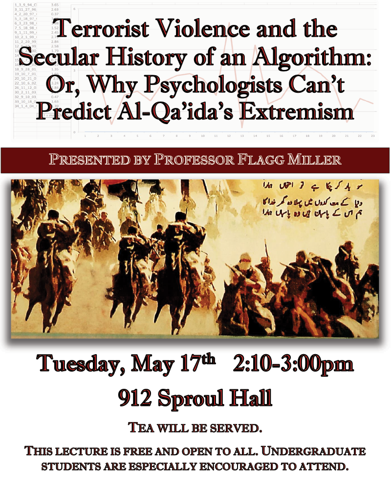 A flyer for "Terrorist Violence and the Secular History of an Algorithm: Or, Why Psychologists Can't Predict Al-Qa'ida's Extremism"
