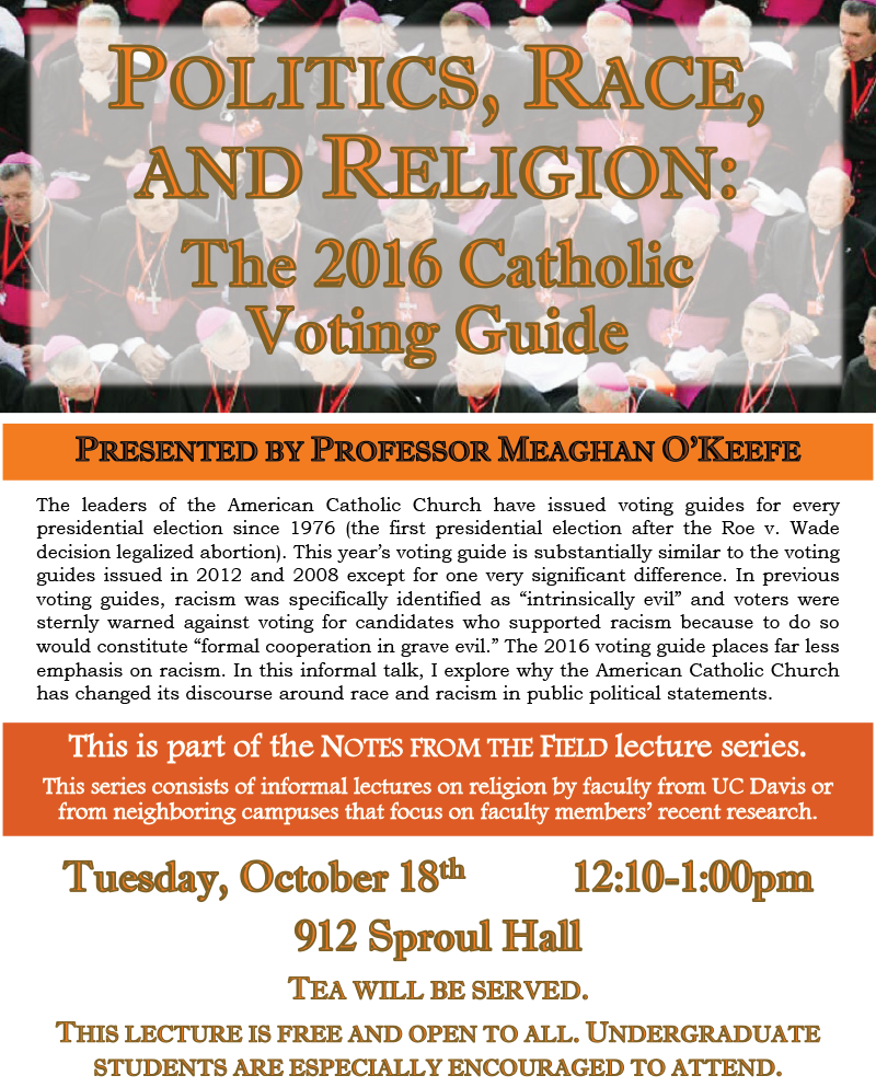 A flyer for "Politics, Race, and Religion: The 2016 Catholic Voting Guide"