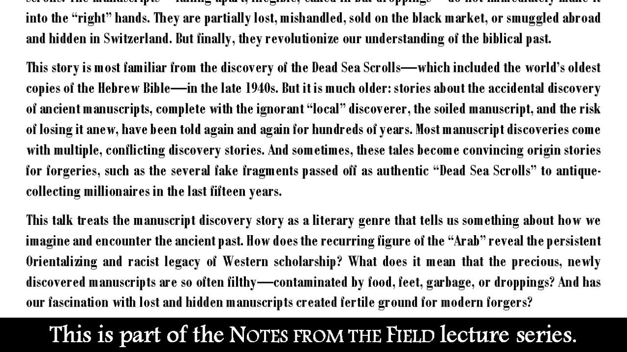 A flyer from the event "Batshit Stories: Forgers, Scholars, and New Tales about Discovering Ancient Texts"