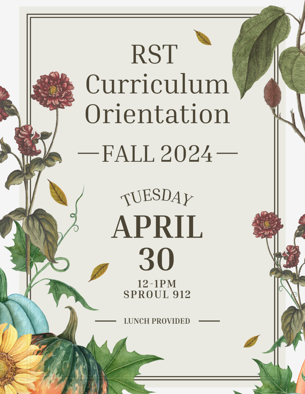 A flyer for the upcoming event, the text surrounded by ornate flowers