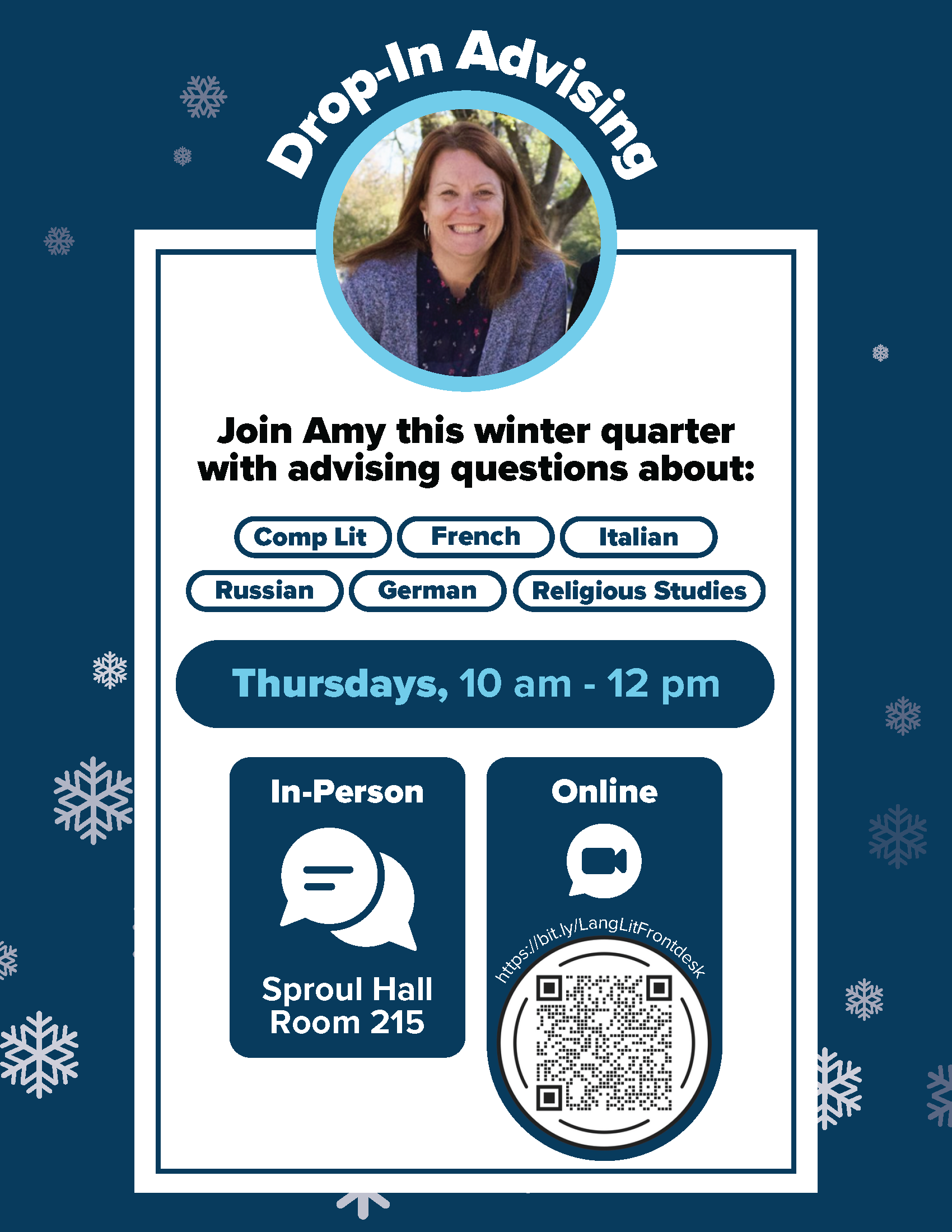A flyer for virtual advising, with a photo of Amy, the details are written out above.
