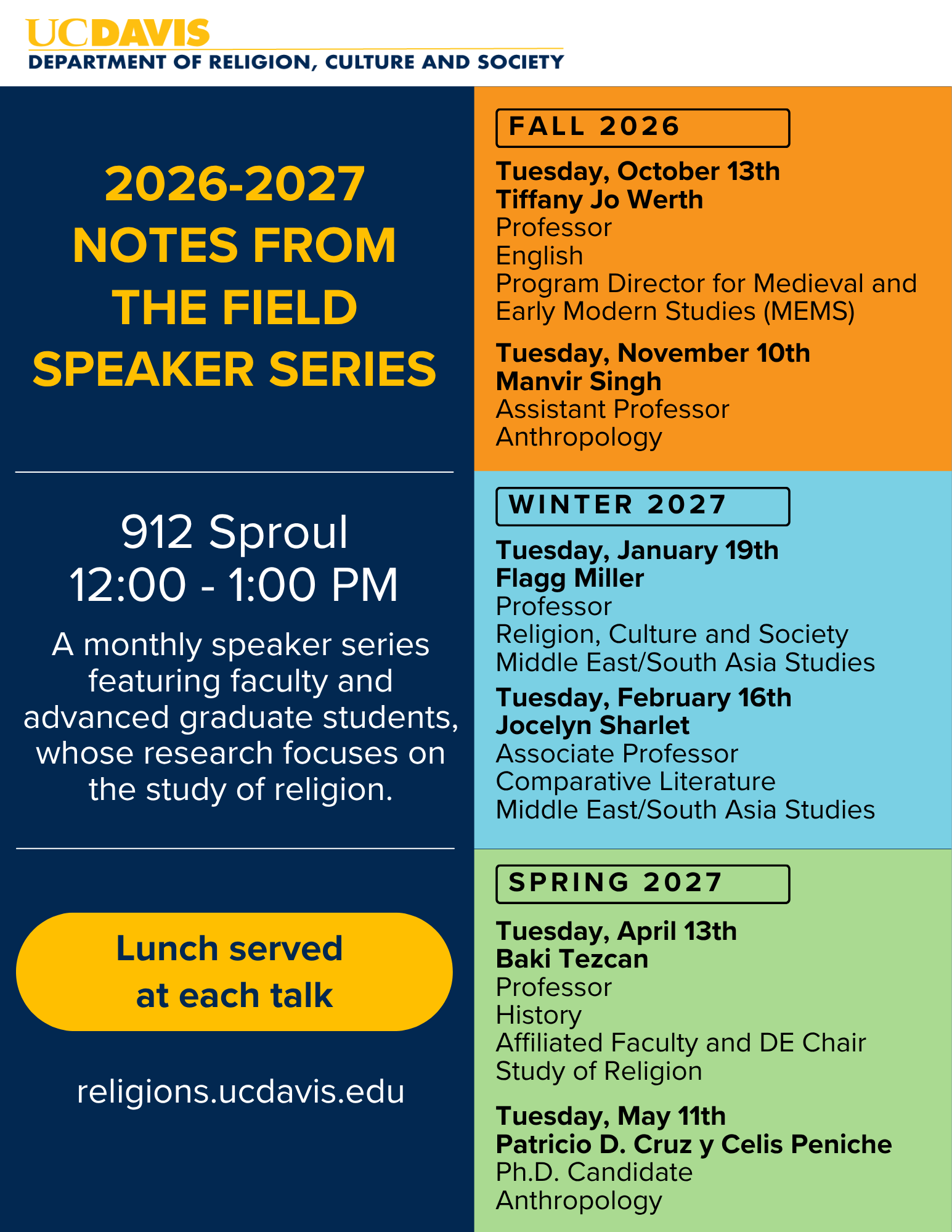 UC Davis graphic flyer: Notes From the Field speaker series schedule