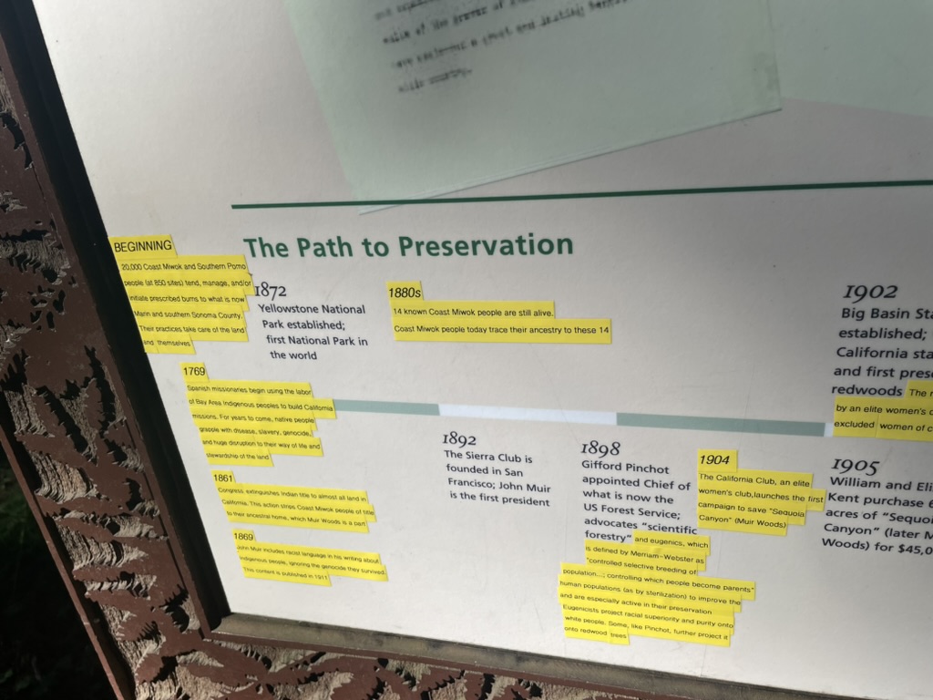 2021-era Additions to the "Saving Muir Woods" sign, Founders Grove, Muir National Monument. Note the new timeline.