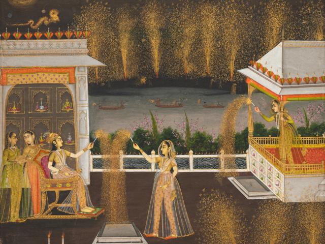 A painting of royal women celebrating Diwali.