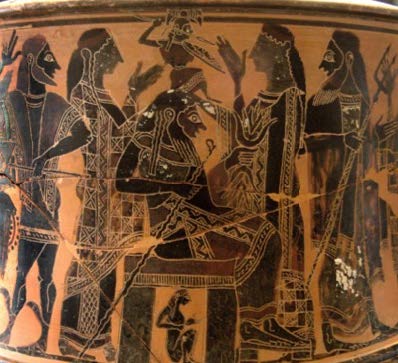 an ancient vase with a painting of multiple figures