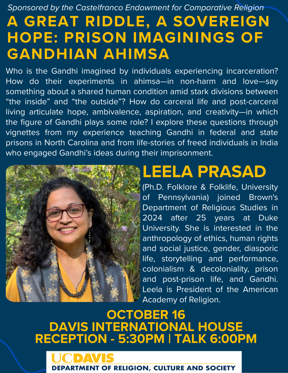 A flyer for the upcoming event, with a photo of the speaker.
