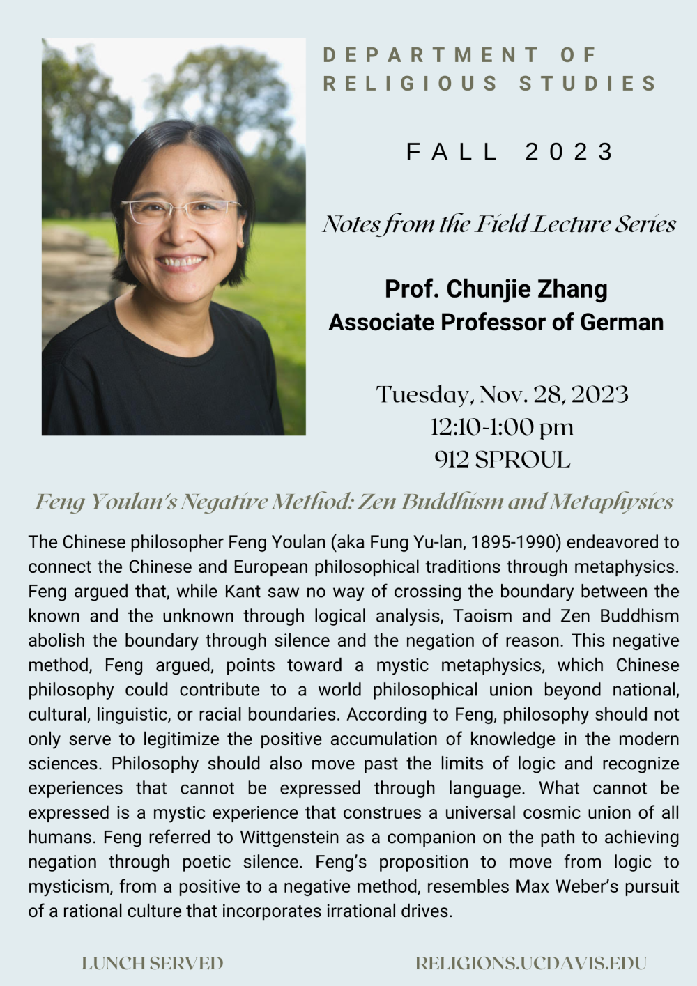 A flyer for the upcoming event, with a photo of Dr. Zhang