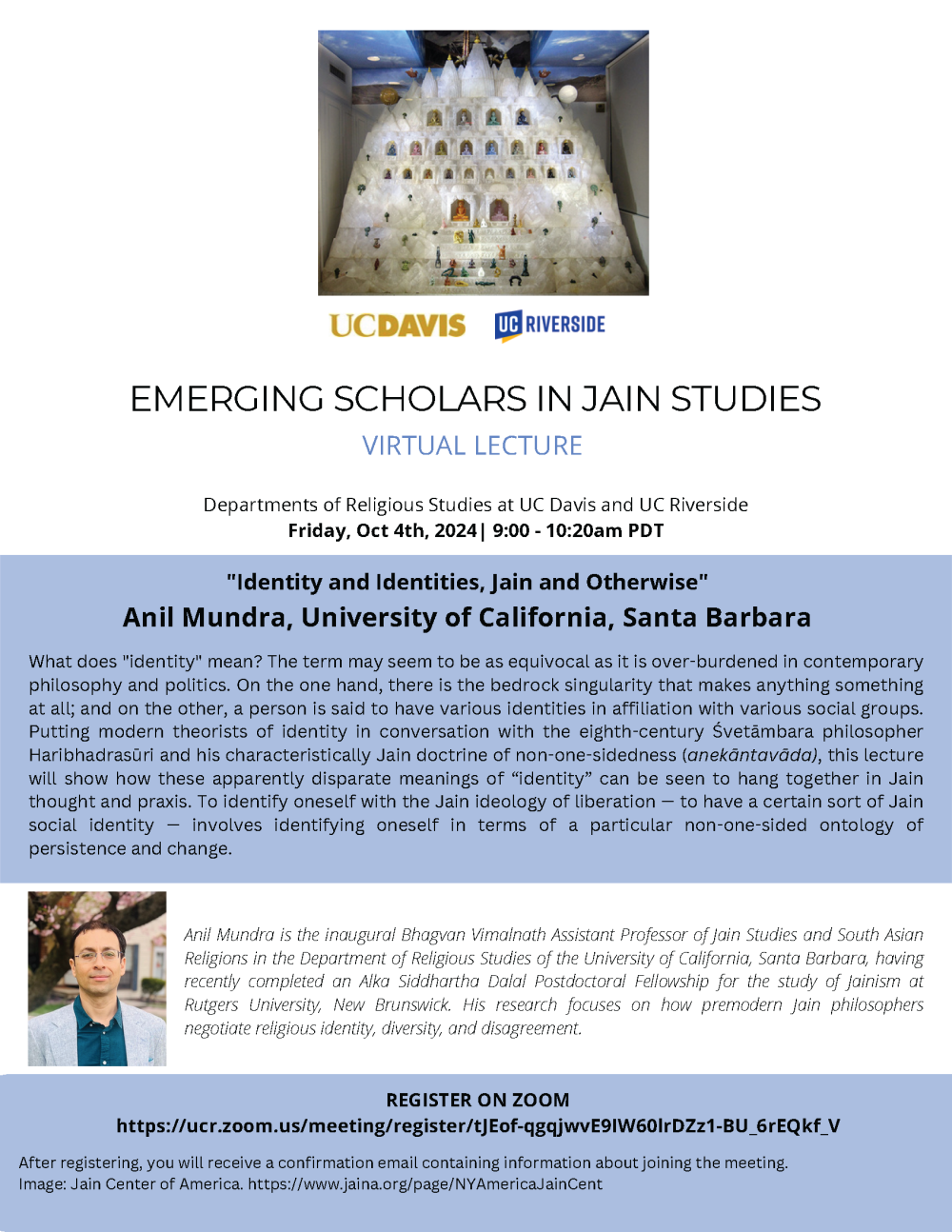 A flyer for the upcoming event, text on blue and white backgrounds, and a photo of Anil Mundra