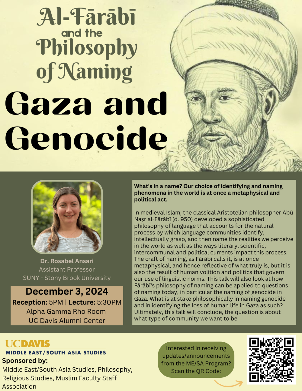 A flyer for the upcoming event, text on a green background, a drawing of a man in a turban
