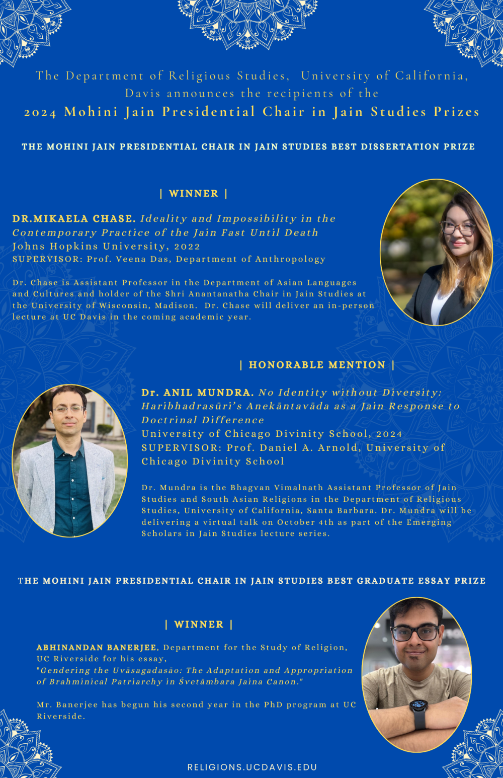 A flyer showing the winners of the Jain contest, their three photos, and a description of their essays