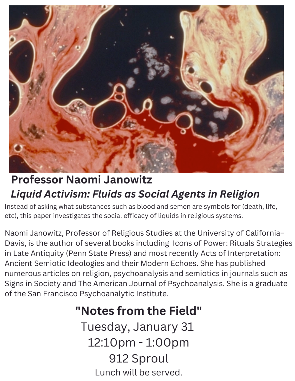 A flyer for the upcoming talk "Liquid Activism: Fluids as Social Agents in Religion"