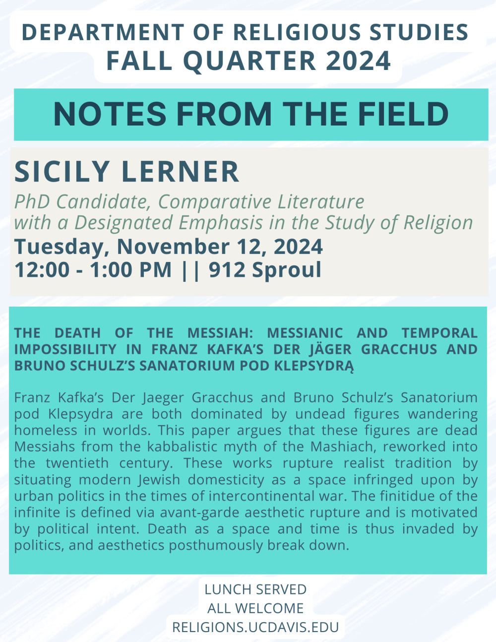 A flyer for the upcoming event, text on blue boxes. The text is written out above.