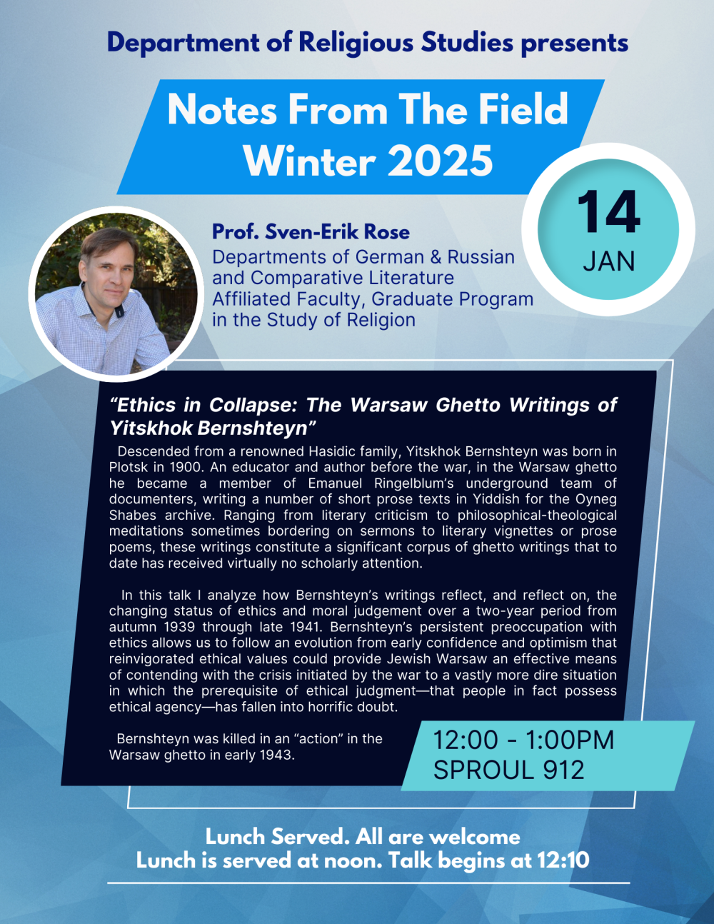 A flyer for the upcoming event, text on a blue backdrop