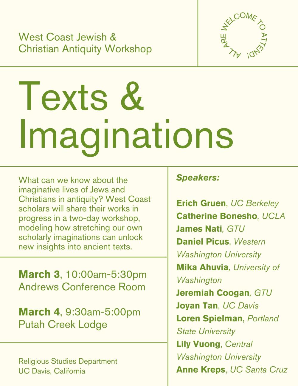 A flyer for the upcoming Texts & Imaginations events, including a list of speakers