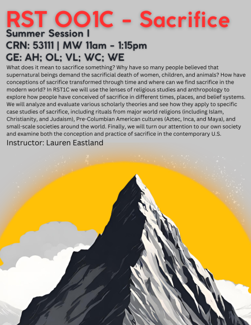 A flyer for RST 001, with an image of a black and white mountain in front of a large yellow sun