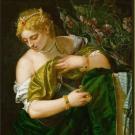 a classical painting of a woman draped in green cloth near some flowers.