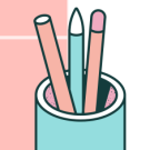 a drawing up a cup with pencils in it, in light bright colors