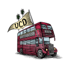 A pencil drawing in color of a red double decker bus and a large UCD penant